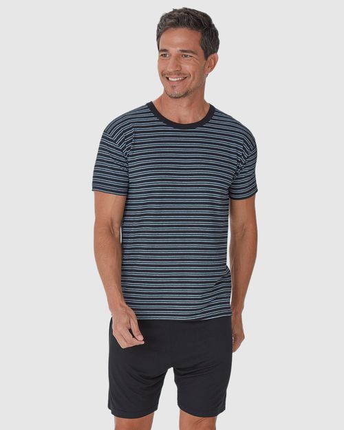 Pijama Masculino Camiseta Listrada Em Malha Viscose Stretch