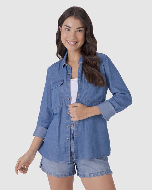 Camisa Feminina Manga Longa Bolso Frontal Em Jeans Leve Soft