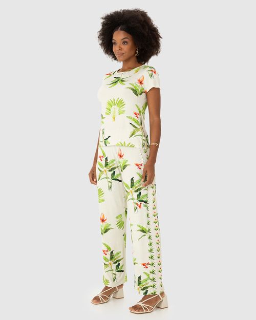 Blusa Feminina Decote Redondo Folhagem Em Viscose Stretch
