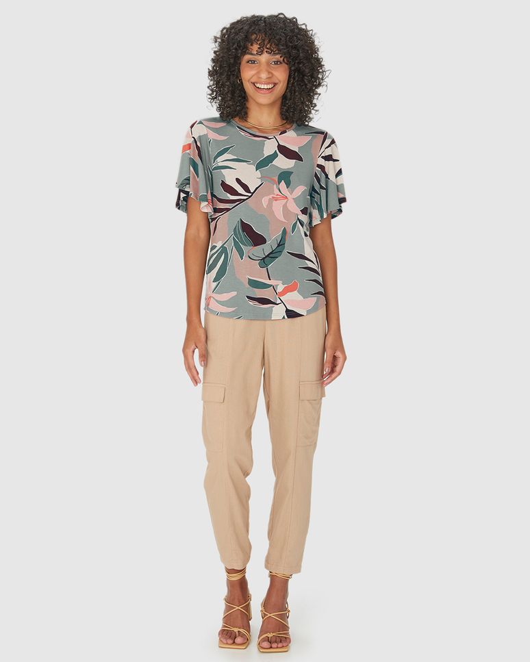 Blusa Feminina Estampa Folhagem Em Malha Viscolinho Stretch