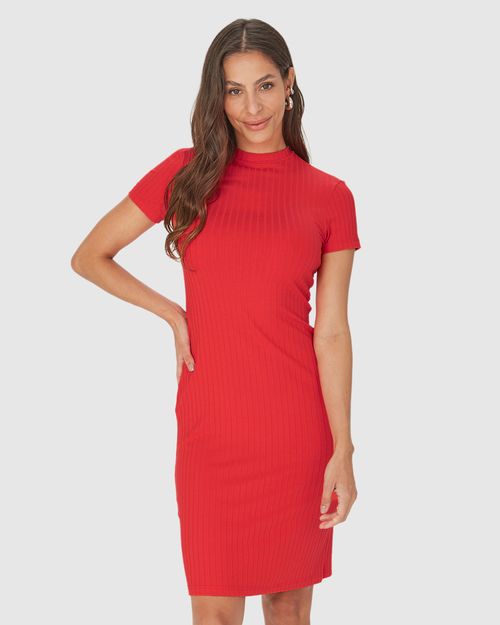 Vestido Básico Feminino Gola Alta Em Malha Canelada De Viscose