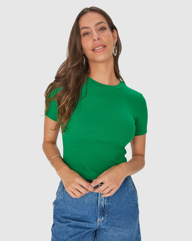 Blusa Básica Feminina Decote Redondo Em Ribana