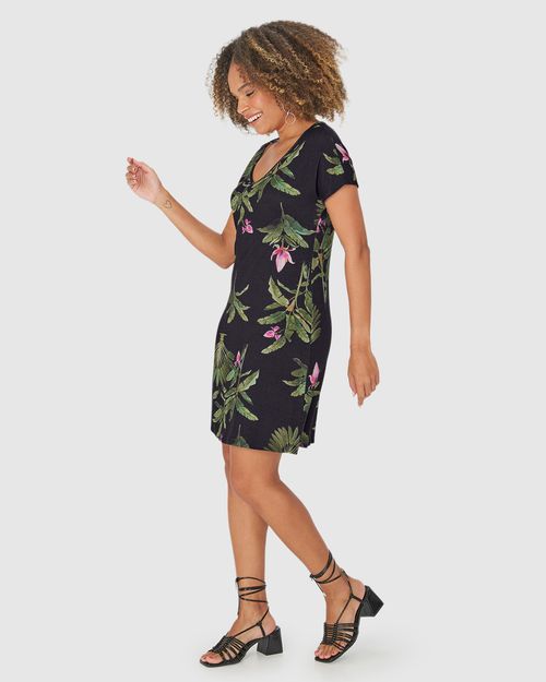 Vestido Feminino Evasê Estampa Folhagem Em Viscose Stretch