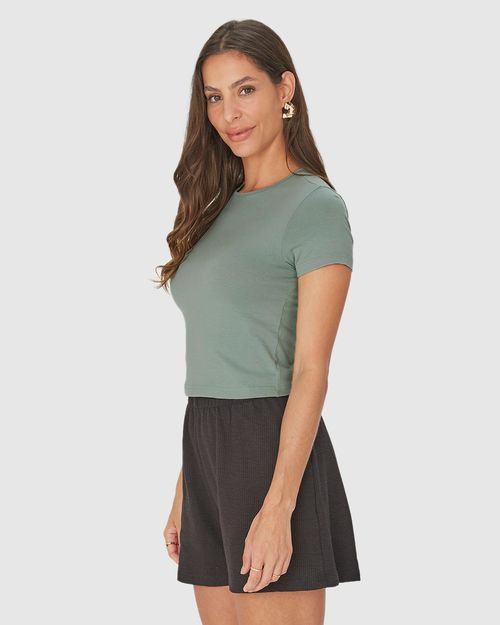 Blusa Long Cropped Feminina Manga Curta Em Algodão