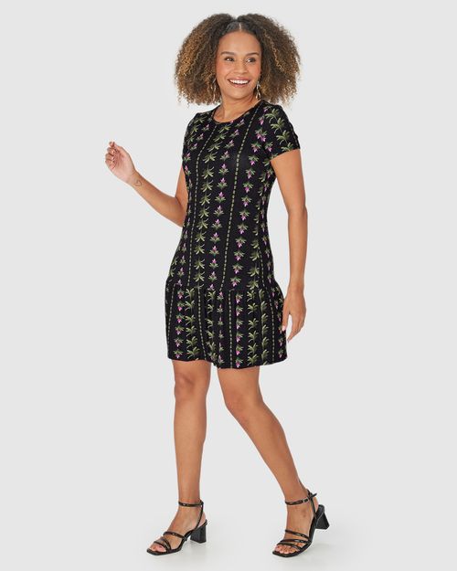 Vestido Feminino Folhagem Recorte Com Franzido Em Viscose Stretch