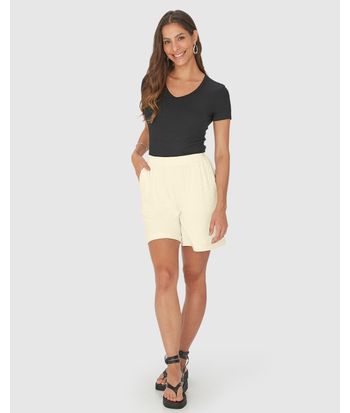 Shorts Feminino Alfaiataria Cós Elástico Em Moletinho Viscolinho Stretch