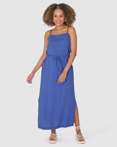 Vestido Midi Feminino Fenda Lateral Em Viscolinho Texturizado