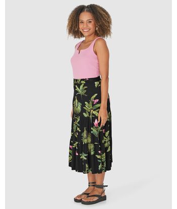 Saia Midi Feminina Marias Estampa Folhagem Em Viscose Stretch