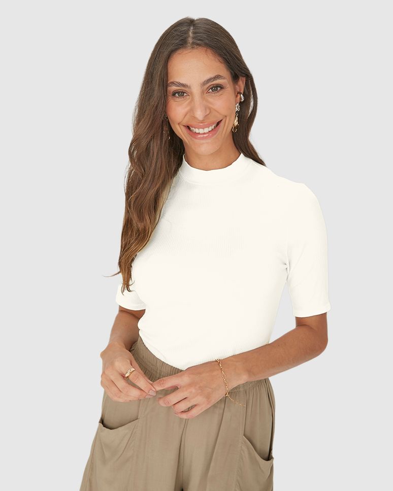 Blusa Básica Feminina Gola Alta Em Canelado De Viscose