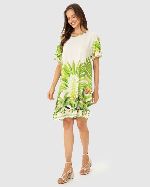 Vestido Reto Feminino Com Estampa Folhagem Em Viscose