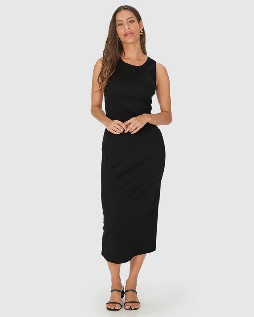 Vestido Midi Básico Feminino Gola Redonda Em Ribana