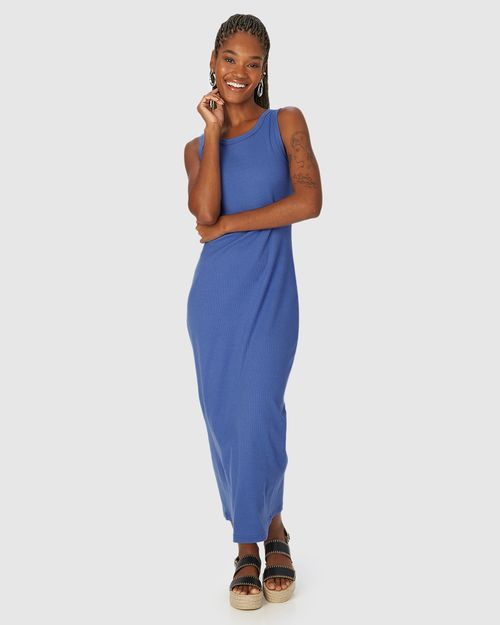 Vestido Midi Básico Feminino Gola Redonda Em Ribana