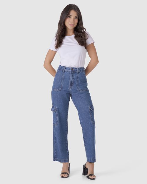 Calça Straight Feminina Cargo Em Jeans 100% Algodão