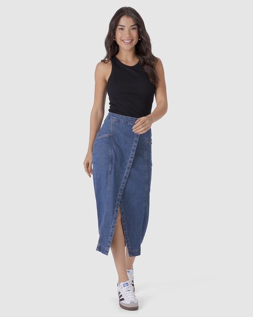 Saia Midi Feminina Transpassada Em Jeans Com Elastano