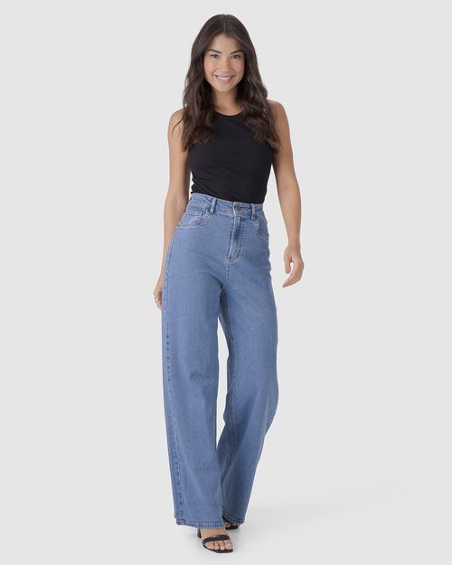 Calça Wide Leg Feminina Cintura Alta Em Jeans Com Elastano