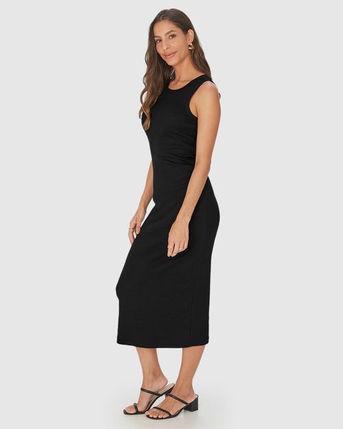 Vestido Midi Básico Feminino Gola Redonda Em Ribana