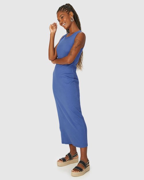 Vestido Midi Básico Feminino Gola Redonda Em Ribana