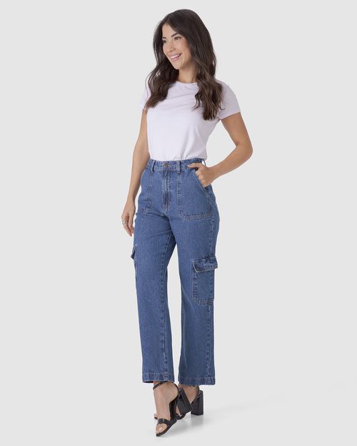 Calça Straight Feminina Cargo Em Jeans 100% Algodão