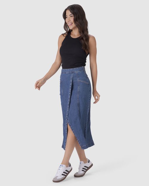 Saia Midi Feminina Transpassada Em Jeans Com Elastano