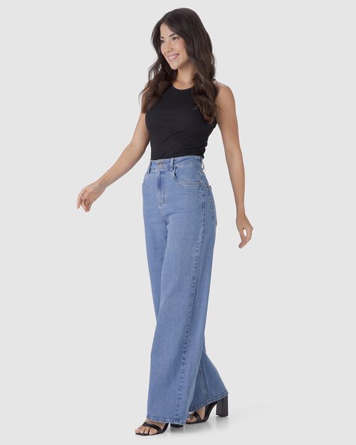 Calça Wide Leg Feminina Cintura Alta Em Jeans Com Elastano