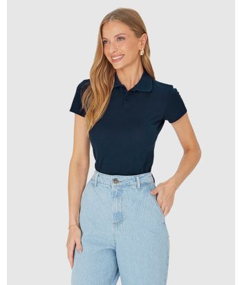 Blusa Polo Básica Feminina Com Peitilho Em Piquet Stretch