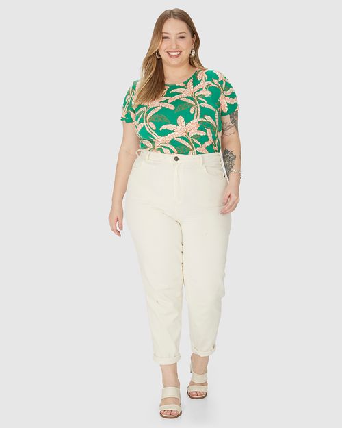 Blusa Feminina Plus Size Manga Curta Folhagem Em Viscose Stretch