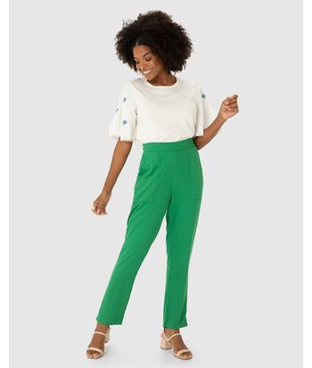 Calça Reta Feminina Bolso Frontal Em Viscose Sarjada