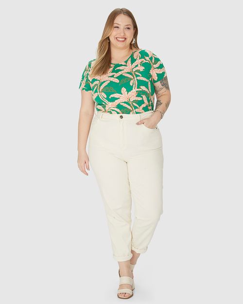 Blusa Feminina Plus Size Manga Curta Folhagem Em Viscose Stretch