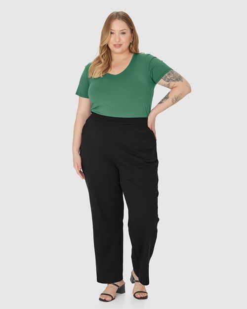Calça Reta Feminina Plus Size Cós Elástico Em Malha Texturizada
