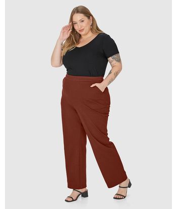 Calça Reta Feminina Plus Size Cós Elástico Em Malha Texturizada