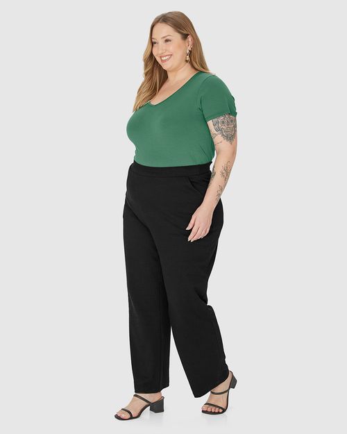 Calça Reta Feminina Plus Size Cós Elástico Em Malha Texturizada