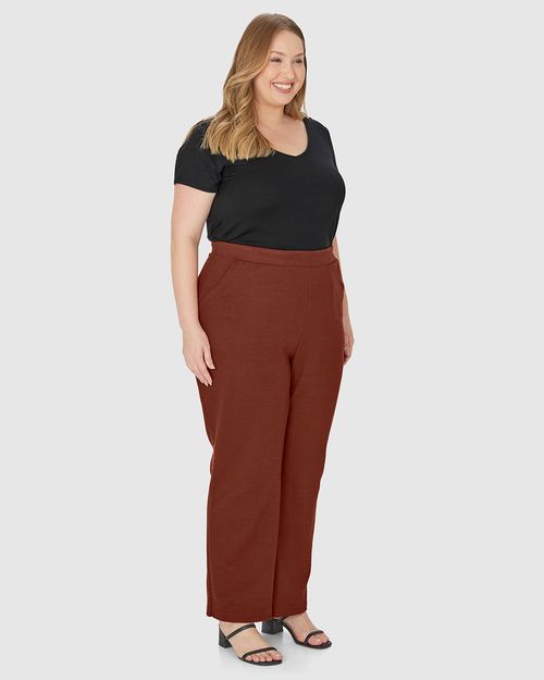 Calça Reta Feminina Plus Size Cós Elástico Em Malha Texturizada