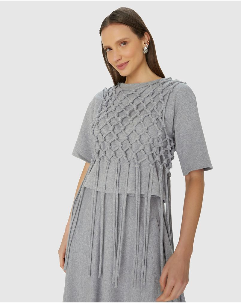 Camiseta Feminina Com Sobreposição Macramê - Abrace O Futuro CINZA
