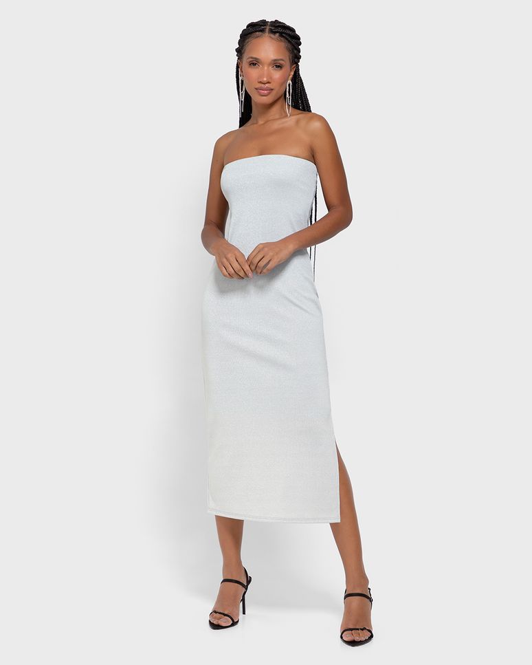 Vestido Midi Feminino Sem Alça Fenda Lateral Em Malha Canelada Lurex - ENFIM
