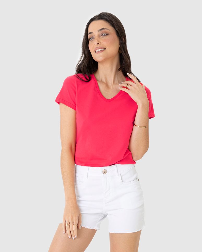 Camiseta Básica Feminina Slim Decote V Em Algodão