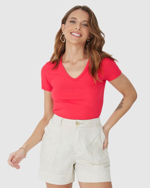 Blusa Básica Feminina Decote V Em Malha Canelada