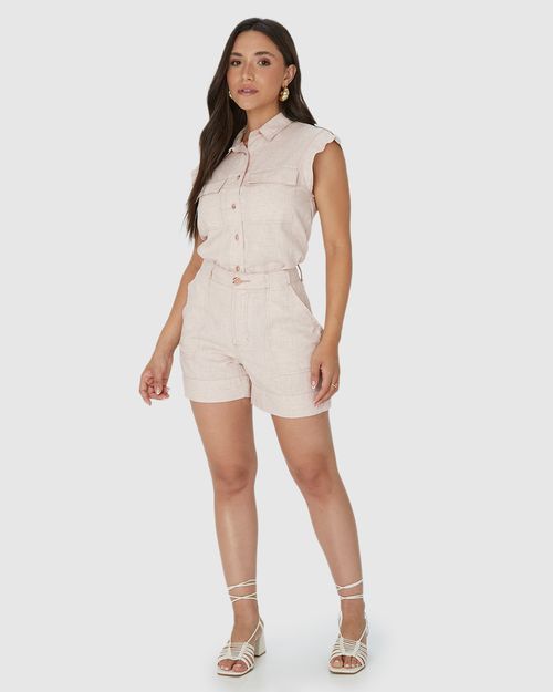 Shorts Alfaiataria Feminino Cintura Alta Em Sarja Linho