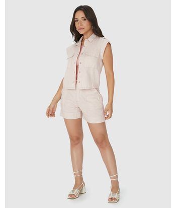 Camisa Cropped Feminina Bolso Frontal Em Sarja Linho
