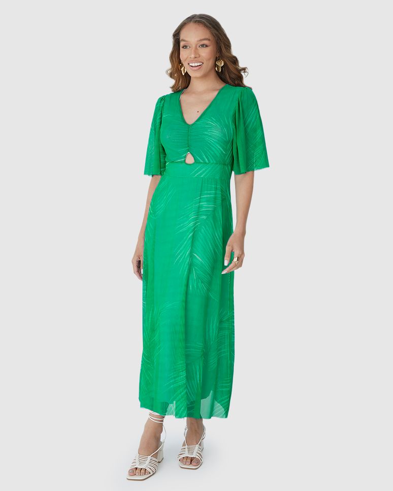 Vestido Longo Feminino Estampado Decote V Em Tule Stretch