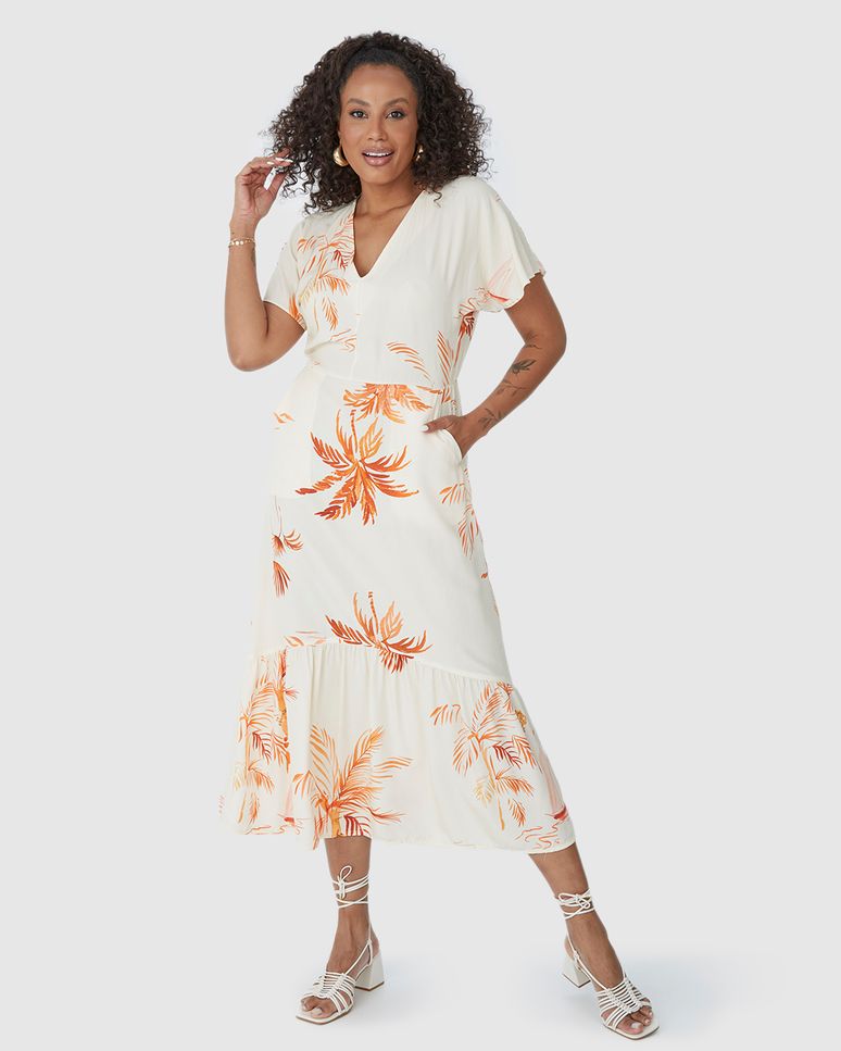 Vestido Midi Feminino Evasê Estampado Em Viscose