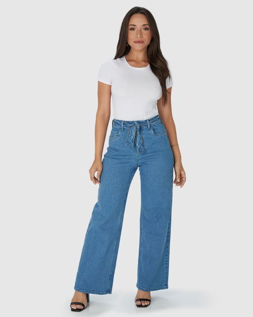 Calça Wide Leg Feminina Com Cinto Em Jeans Com Elastano