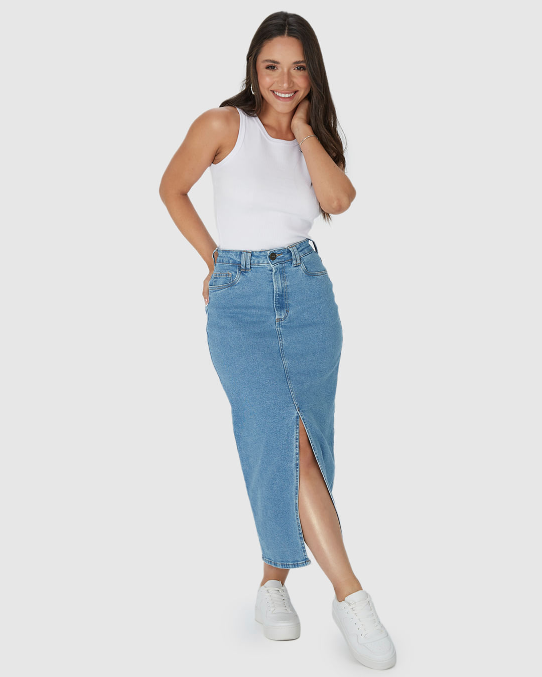 Saia Jeans Midi Com Fenda Frontal Saia Jeans Mídi Fenda Frontal