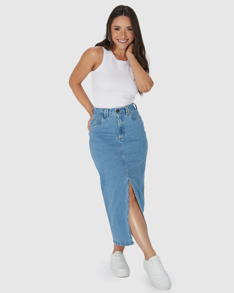 Saia Midi Feminina Fenda Frontal Em Jeans Com Elastano