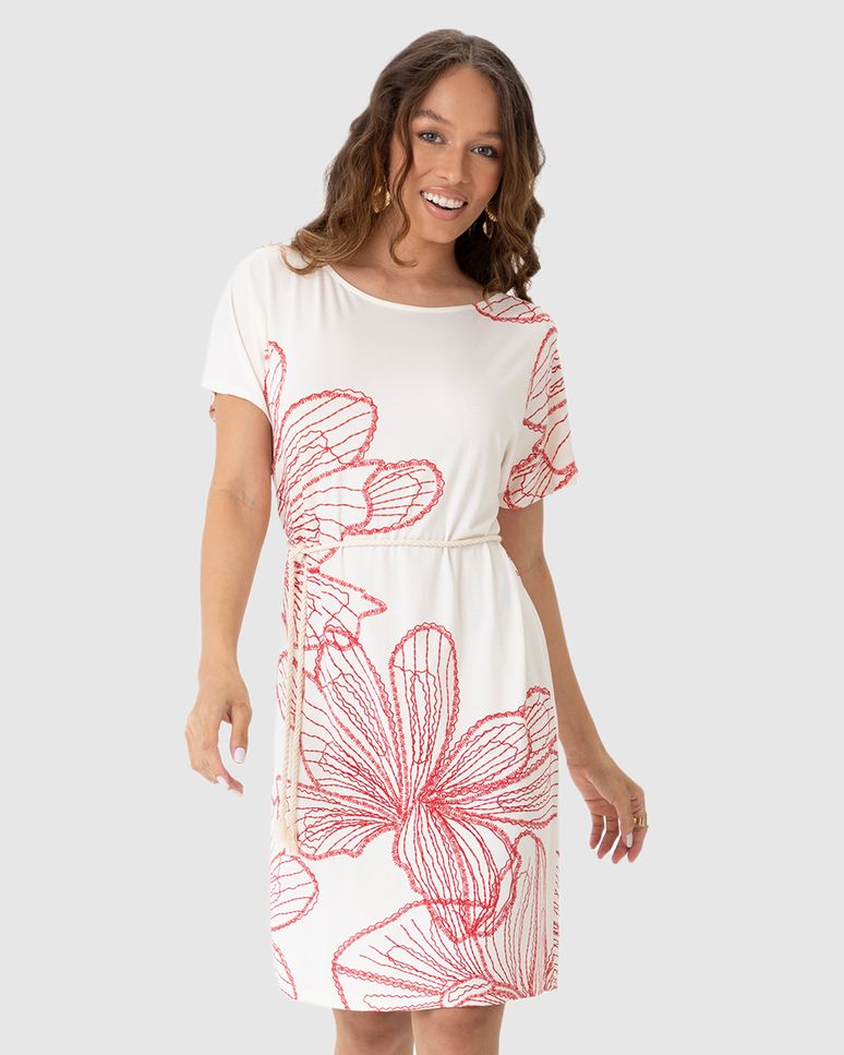 Vestido Feminino Estampado Com Cinto Em Malha Viscolinho Stretch