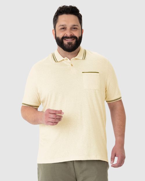 Camisa Polo Masculina Plus Size Bolso Frontal Em Malha Linho