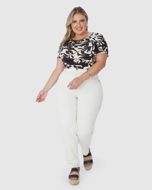 Blusa Feminina Plus Size Manga Curta Folhagem Em Viscose Stretch