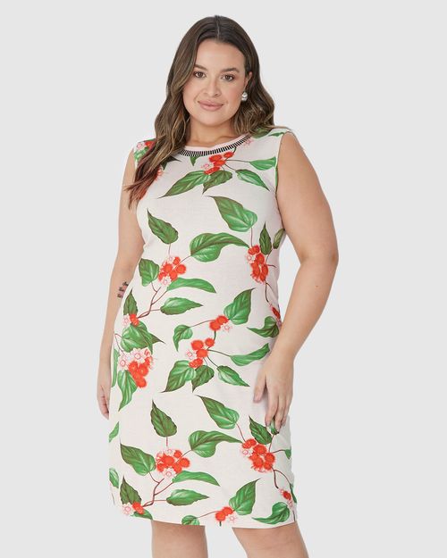 Vestido Feminino Plus Size Gola Retilínea Estampado Em Viscose Stretch