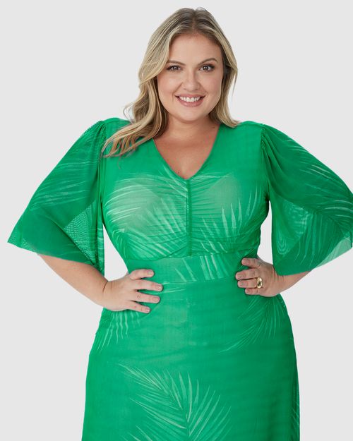 Vestido Longo Feminino Plus Size Estampado Decote V Em Tule Stretch