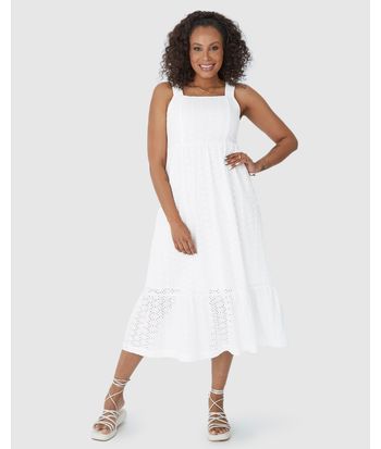 Vestido Midi Feminino Decote Reto Em Laise Algodão