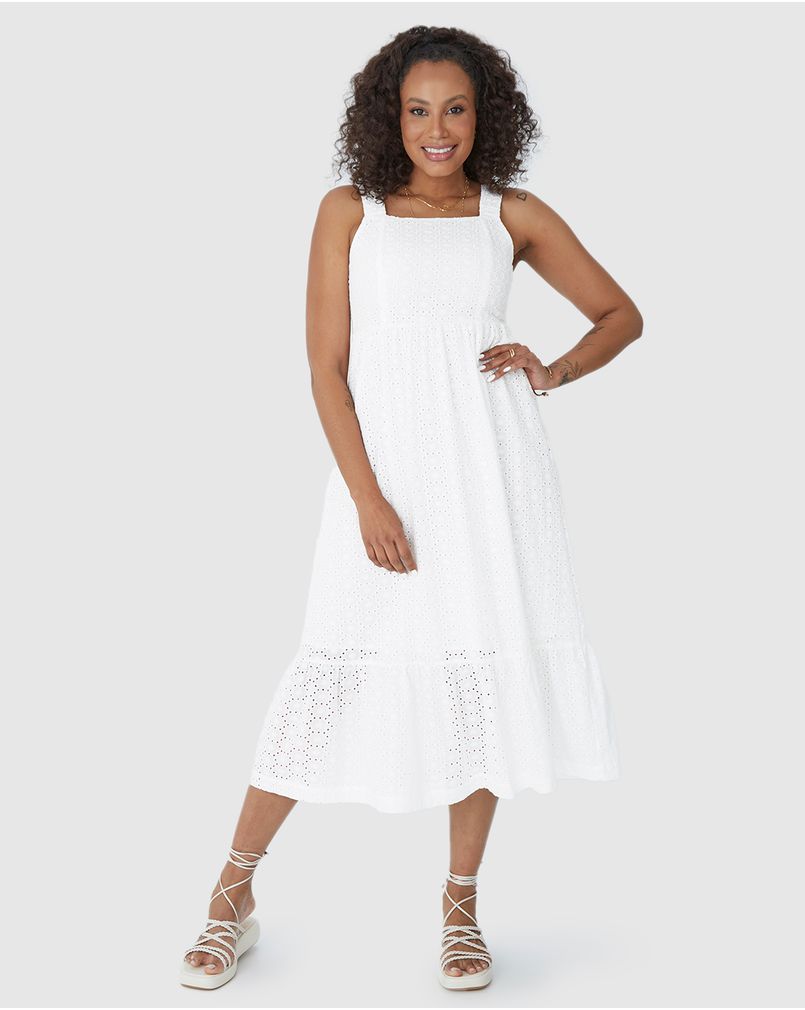 Vestido Midi Feminino Decote Reto Em Laise Algodão BRANCO Malwee